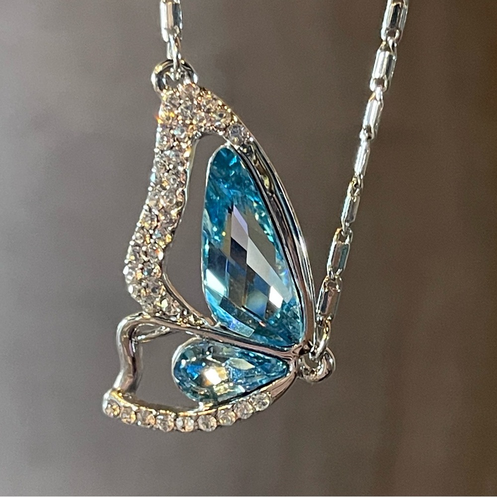 Blue & Silver Crystal Butterfly Wing Necklace - Picture 3 of 9